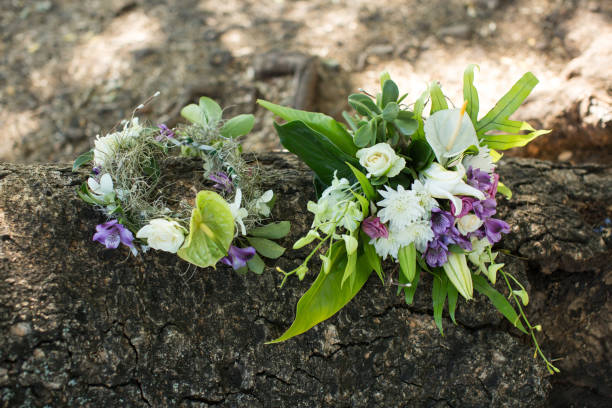 istock wedding bouquet and wreath on a wooden table. 1391583552