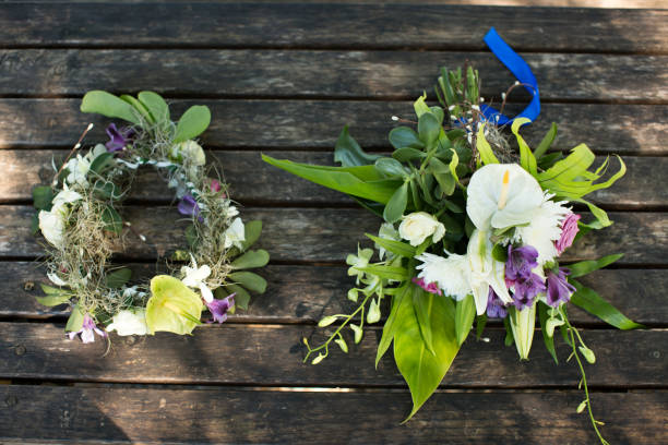 istock wedding bouquet and wreath on a wooden table. 1391583587