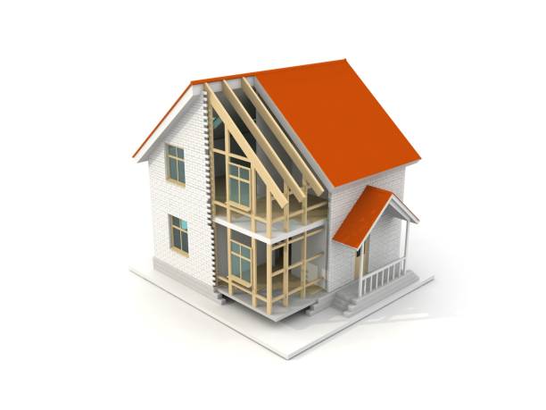 istock 3d illustration of frame house construction over white background with crane and crawler. Building theme background. 1391586714