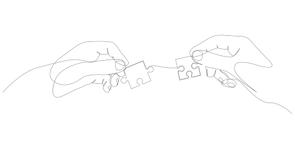 continuous line drawing of hands solving jigsaw puzzle