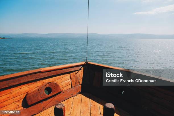 View From The Front Of A Boat Sailing The Sea Of Galilee Stock Photo - Download Image Now