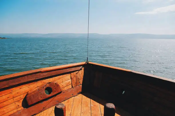 Photo of View from the front of a boat sailing the Sea of Galilee