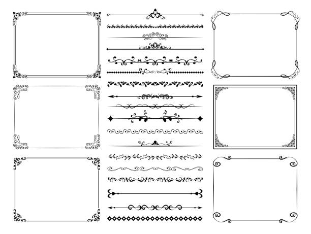 zabytkowy element kaligraficzny. dekoracyjna rama, obrzeża. rysunki wektorowe na kartach, kwadraty, linie ramek - czoło stock illustrations