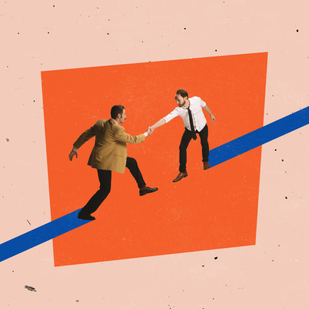 istock Contemporary art collage. Two men, employees shaking hands symbolizing partnership and support 1391588518