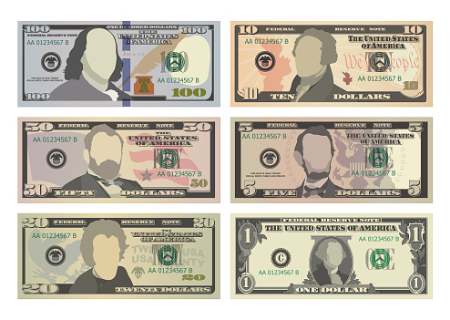 Set of One Hundred, Fifty, Twenty, Ten, Five Dollars and One Dollar bills from obverse. 100, 50, 20, 10, 5 and 1 US dollars banknotes. Vector illustration of USD isolated on white background