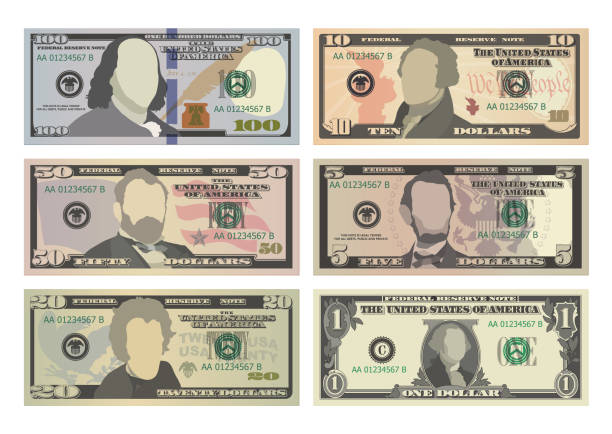 set of one hundred, fifty, twenty, ten, five dollars and one dollar bills from obverse. 100, 50, 20, 10, 5 and 1 us dollars banknotes. vector illustration of usd isolated on white background - 一百美元鈔票 圖片 幅插畫檔、美工圖案、卡通及圖標