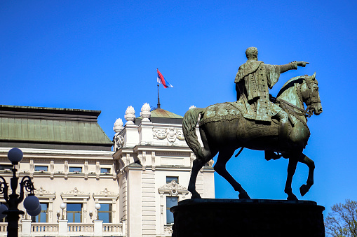 National Theatre and Prince Michael monument in Belgrade, Serbia.