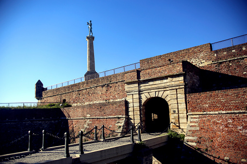 Victor monument on Belgrade Fortress in Belgrade, Serbia. Cast in 1913, erected in 1928, and standing at 14 metres high, it's one of the most famous works of Ivan Mestrovic and also one of the most visited tourist attractions in Belgrade and the city's most recognizable landmark.