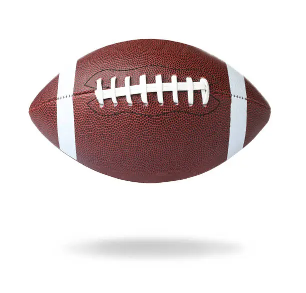 Photo of Leather American football ball on white background