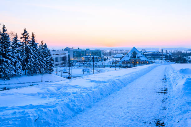 Winter city landscape, snow-covered trees and modern buildings against the sunset background.
