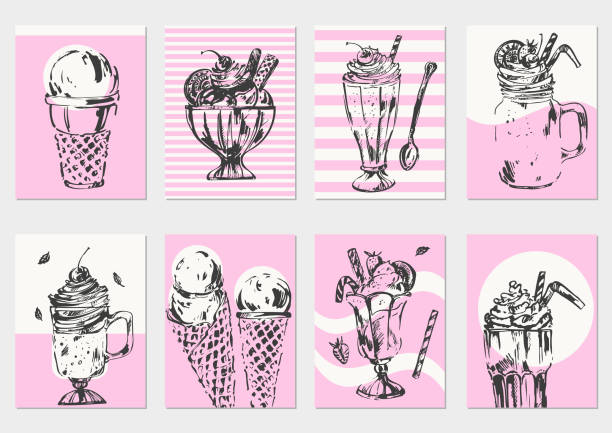 нарисованный вручную эскиз сладких десертных чернил на розовых полосах и волнах с мороженым, коктейлем, молочным коктейлем - drink umbrella illustrations stock illustrations