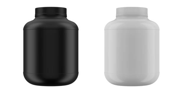 istock Black and white realistic plastic bottles of whey protein mockup isolated on white background. Sports nutrition, bodybuilding supplements 1391592982