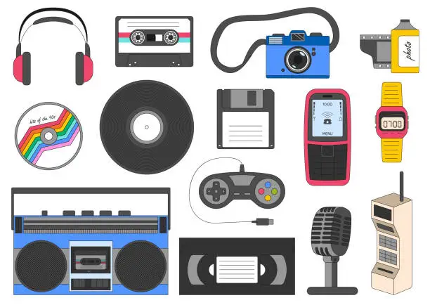 Vector illustration of A set of retro electronic devices. Technology, symbols of the 90s. Boombox, vinyl, camera, floppy disk. Nostalgia for the 90s. Bright colored vector illustrations isolated on a white background