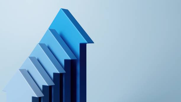 모형, 성공 및 비즈니스 성장 템플릿을 가리키는 파란색 화살표 - growth 뉴스 사진 이미지