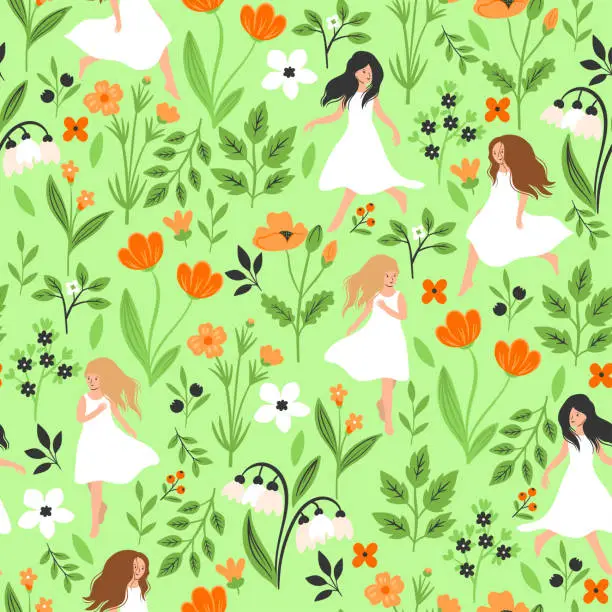 Vector illustration of Seamless pattern with girls in white dresses in the meadow. Vector graphics.