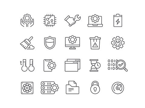 Computer icons, CPU, maintenance, editable stroke, outline, icon, icon set, OS, PC, computer, smart phone, technology, hardware, software, tools