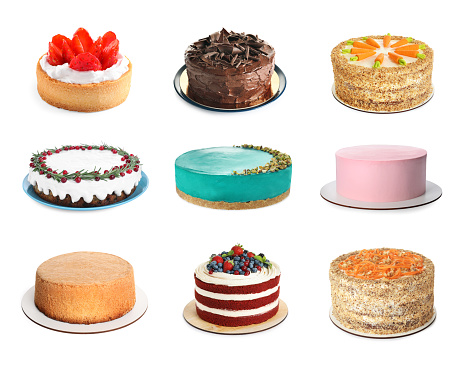 Set with different tasty cakes on white background