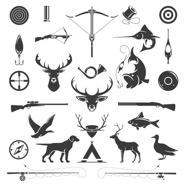 Hunting and fishing vintage vector silhouettes set Hunting and fishing vintage vector silhouettes set. Deer heads elementswith black dogs and birds. Fish swallowing hook hunting rifles and crossbows. Retro signal pipes with modernized fishing rods. hunting stock illustrations