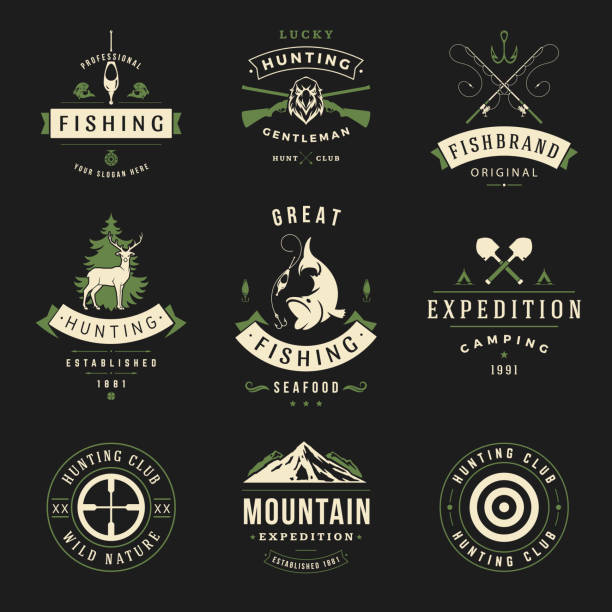 Fish and hunting associations vintage vector logos Fish and hunting associations vintage vector logos. White deer near green spruce and head of eagle with crossed guns. Caught big fish with fishing rods and exciting mountain trips. hunting stock illustrations