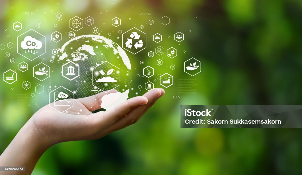 ESG icon concept. Environment, society and governance. Energy of natural gas sustainable and ethical business on network connection on green background. Sustainable Resources Stock Photo