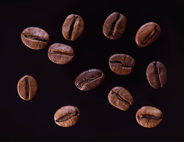 chicchi di caffè in primo piano su sfondo scuro. - coffee crop bean seed directly above foto e immagini stock