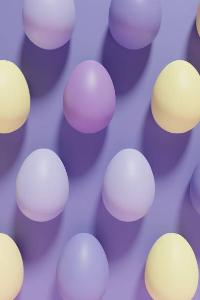 istock 3d render of pastel colored violet, purple and yellow Easter eggs pattern on a violet background 1391605268