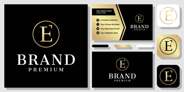 Initial Letter E Arrow Classic Serif Gold Luxury Up Success  Design with Business Card Template Initial Letter E Arrow Classic Serif Gold Luxury Up Success  Design with Business Card Template black and gold business cards stock illustrations