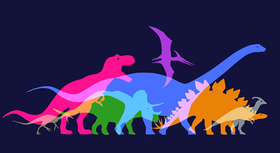 Colourful overlapping silhouettes of Dinosaurs. Triceratops, Pteranodon, Brontosaurus, Tyrannosaurus Rex, Velociraptor, Stegosaurus, Brachiosaurus, Diplodocus, Jurassic