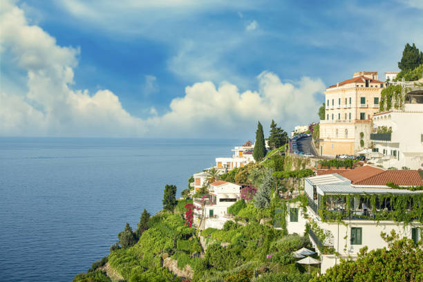 Panormaic view of the town of Amfalfi, province of Salerno and region Campania, Italy. \n\nAmalfi and the coast on the Tyrrhenian Sea where the it is located is an important tourist destination, the town itself is included in the UNESCO World Heritage Sites.