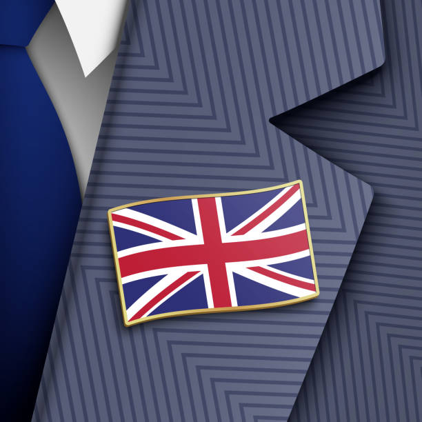 istock British official dressed in a blue suit, tie, and Uk flag golden lapel pin, vector illustration. 1391613033