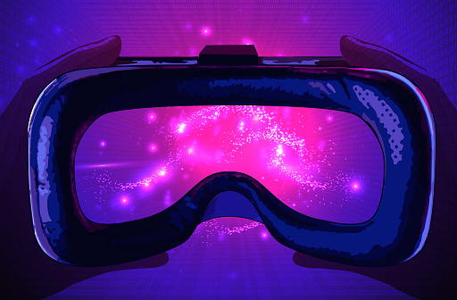Hands holding virtual reality glasses on futuristic interface. (Used clipping mask)