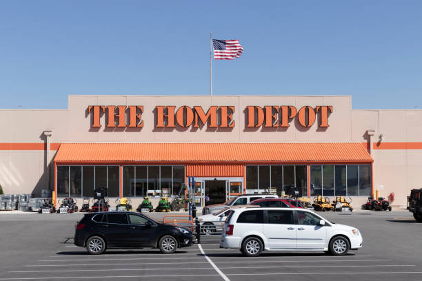Home Depot location with American flag. Home Depot is the largest home improvement retailer in the US. stock photo