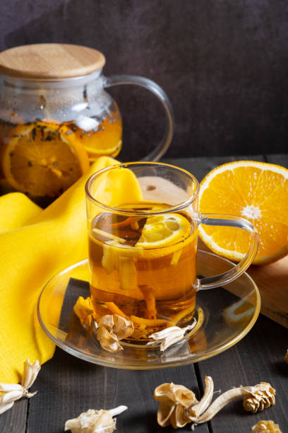 istock A glass teapot and a cup of hot orange fruit tea. Warming aromatic drink. 1391621671