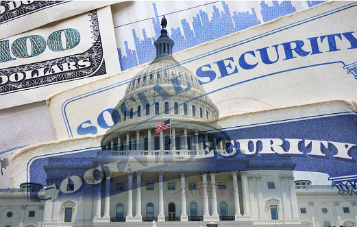 United States capitol in Washington DC with a Social Security card and money