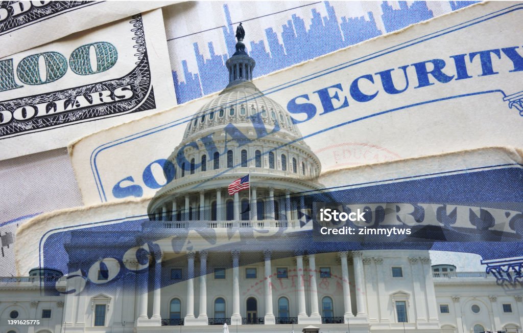 United States capitol in Washington DC with a Social Security card and money Social Security Stock Photo
