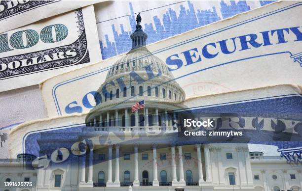 United States Capitol In Washington Dc With A Social Security Card And Money Stock Photo - Download Image Now