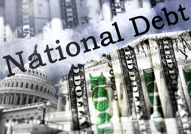 Capitol in Washington DC and National Debt text stock photo