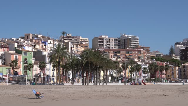 Villajoyosa Spainseafront palm trees and apartment buildings Costa Blanca Alicante