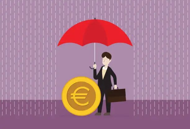 Vector illustration of The businessman holds a red umbrella to protect a euro coin