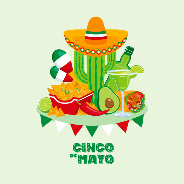 illustrazioni stock, clip art, cartoni animati e icone di tendenza di cinco de mayo vacanza messicana con vettore messicano di cibi e bevande - mexico mexican culture cinco de mayo art