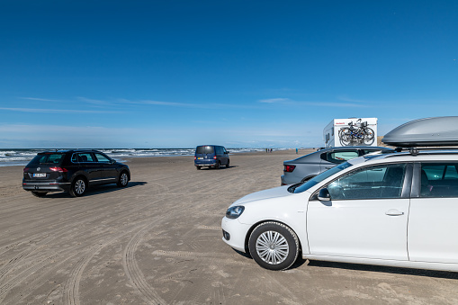 Blokhus, Denmark. Friday 8 April 2022. Cars are allowed to drive on to Blokhus Beach in Jutland, Denmark.