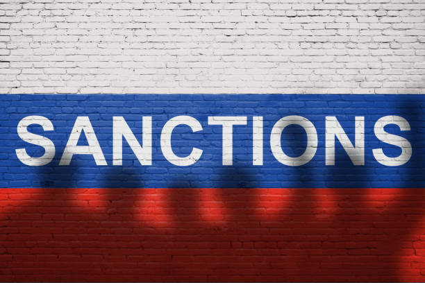 istock Flag of Russia painted on a brick wall with word SANCTIONS 1391633922