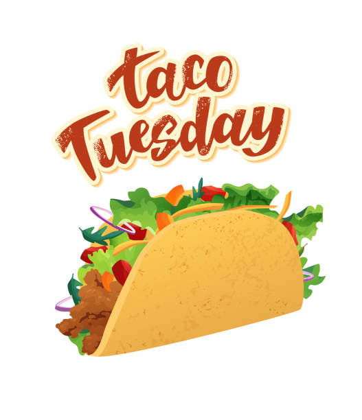 ilustraciones, imágenes clip art, dibujos animados e iconos de stock de texto de letras a mano de taco tuesday con tacos con carne y verduras. comida rápida mexicana. bueno para el diseño de camisetas. dibujado a mano. ilustración vectorial. - martes