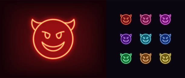 illustrazioni stock, clip art, cartoni animati e icone di tendenza di delinea l'icona emoji del diavolo al neon. emoticon malvagia al neon incandescente con corna e sorriso, pittogramma del viso del demone - smug