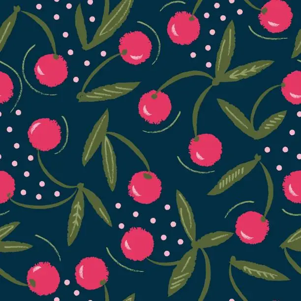 Vector illustration of Vector pink green cherries dark seamless pattern