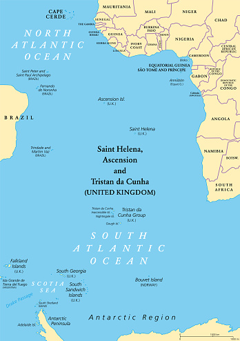 South Atlantic Islands political map. Islands and archipelagos between Africa and Brazil, Cape Verde and Antarctic Region. With British Overseas Territory Saint Helena, Ascension and Tristan da Cunha.