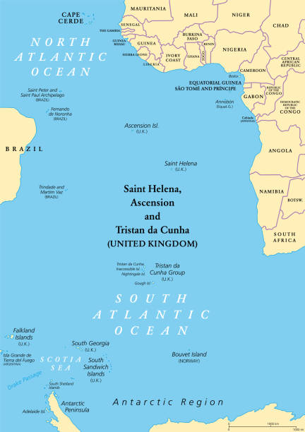 South Atlantic Islands, between Africa and Brazil,  political map South Atlantic Islands political map. Islands and archipelagos between Africa and Brazil, Cape Verde and Antarctic Region. With British Overseas Territory Saint Helena, Ascension and Tristan da Cunha. atlantic ocean stock illustrations