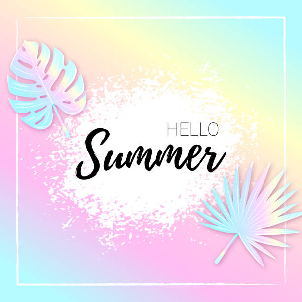 istock Holographic summer banner with foil tropical leaves 1391637556