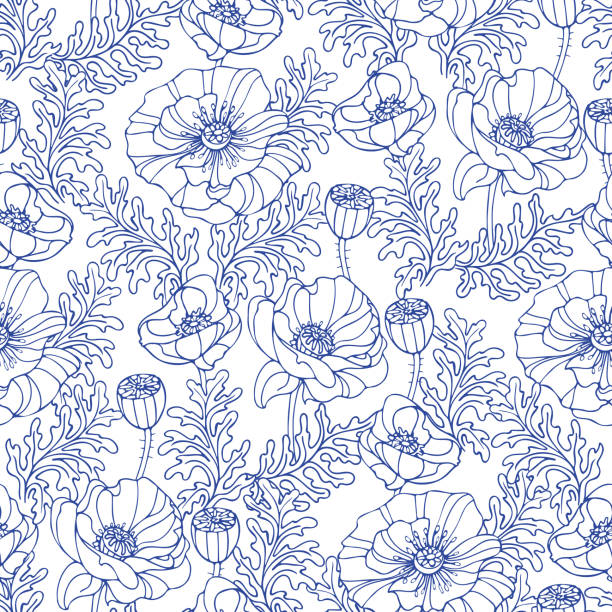 夏の花ケシの牧草地。白い背景に明るい青色のパターン。優雅な花。手描きスタイルのモダンなイラスト。テキスタイル、パッケージング、背景用。 - poppy flower field floral pattern点のイラスト素材／クリップアート素材／マンガ素材／アイコン素材