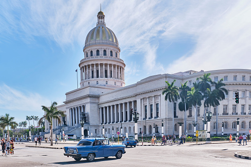 Havana, Cuba - February 15, 2022: View of National Capitol building , built in 1929. Now congress center.Travel, architecture concept